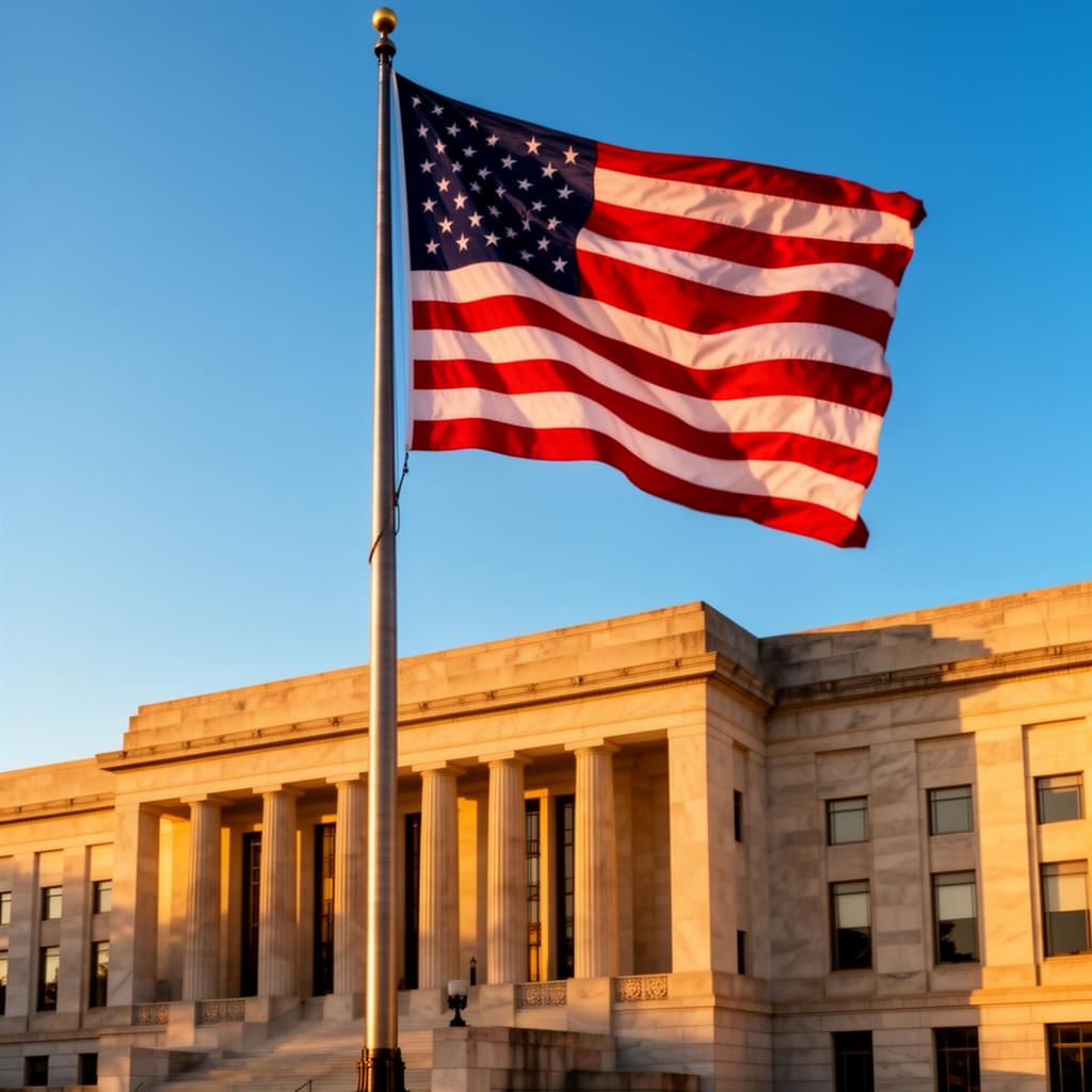 American flag in front of a federal government building